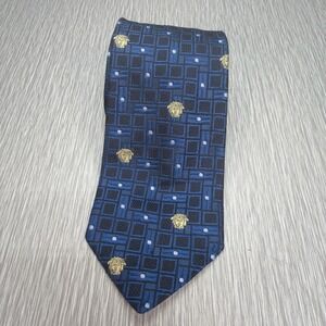 Gianni Versace Medusa Vintage Silk Tie Blue Geometric Made Italy 100% Silk